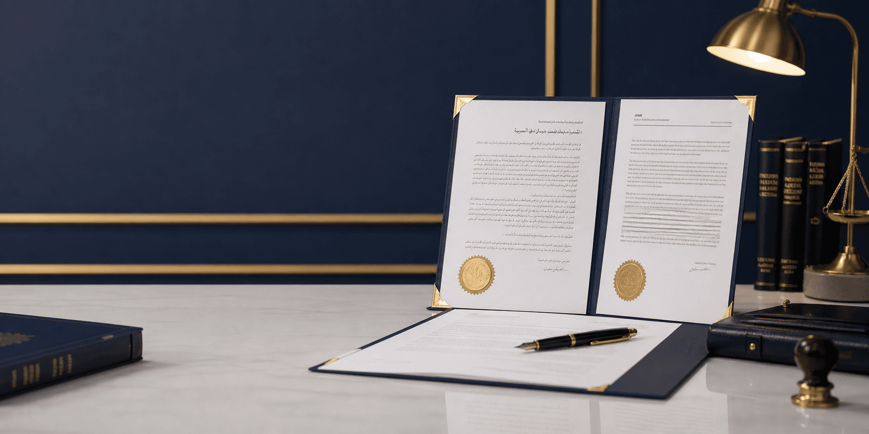 Certified translation documents on an elegant legal office desk